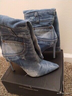 Denim Fold-Over Stiletto Booties - Light Blue